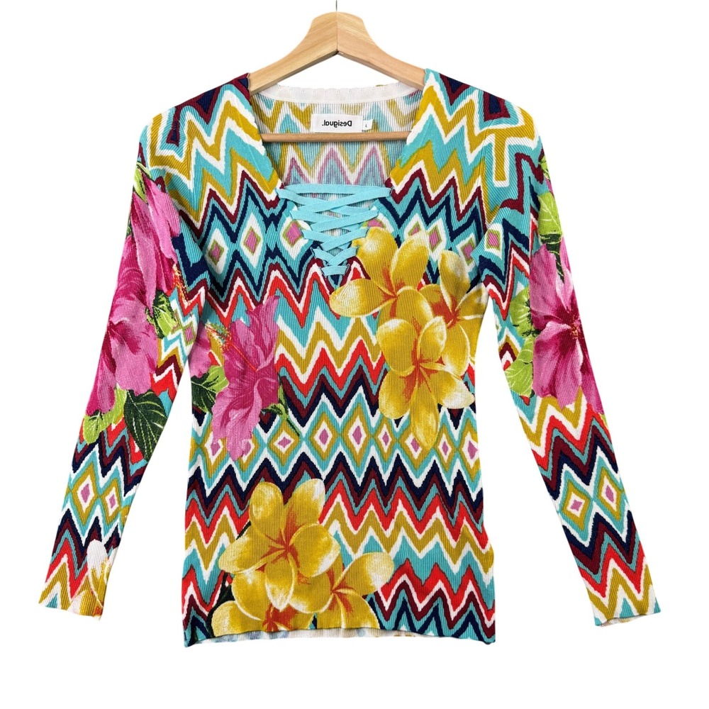 Desigual Womens Floral Chevron‎ Lace Up Ribbed Knit Sweater Multicolor Size L
